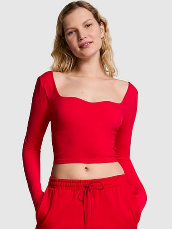 PINK Victoria's Secret Tops - PINK Victoria's Secret Red Long-Sleeve Square-Neck Crop Top